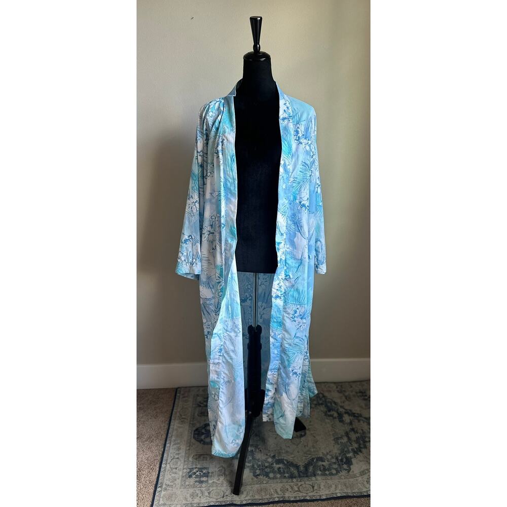 SOLUMBRA Blue White Floral Print Full Length Sun Protection Kaftan Robe SZ XXS-S